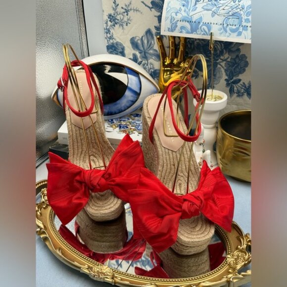 🆕 LOEFFLER RANDALL 🧿 NWOB Angelina Red Moiré Bow Wedge Espadrille, Sz 7 - Picture 6 of 16